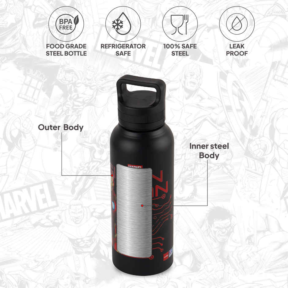 Cello Aqualoop 800 Iron Man Design Single Wall Stainless Steel Water Bottle 800 ml, Black