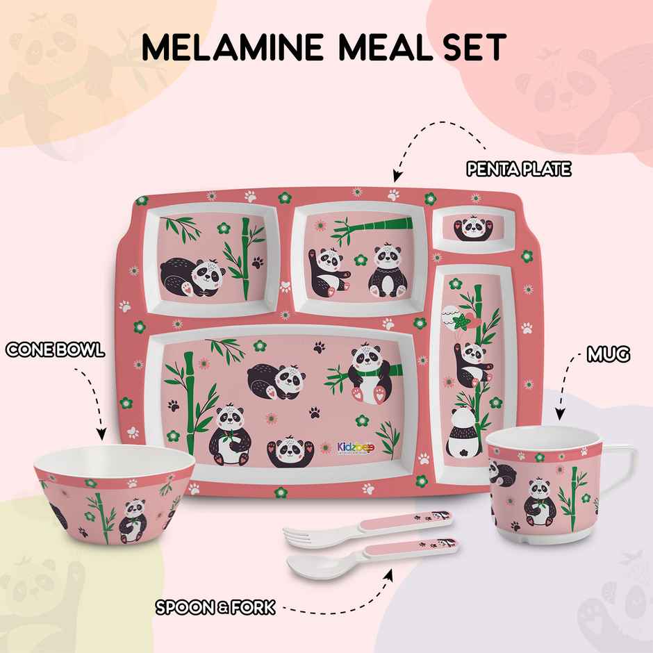 Cello Kidzbee Pentameal Bamboo Buddies Melamine Meal Set for Kids |Set of 5, Peach