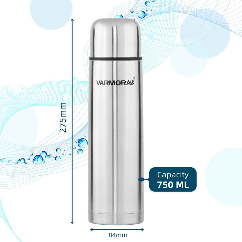 Varmora Avon Thermo Flask Water Bottle- Hot and Cold | Upto 24 Hrs | 750 ml Flask, Silver