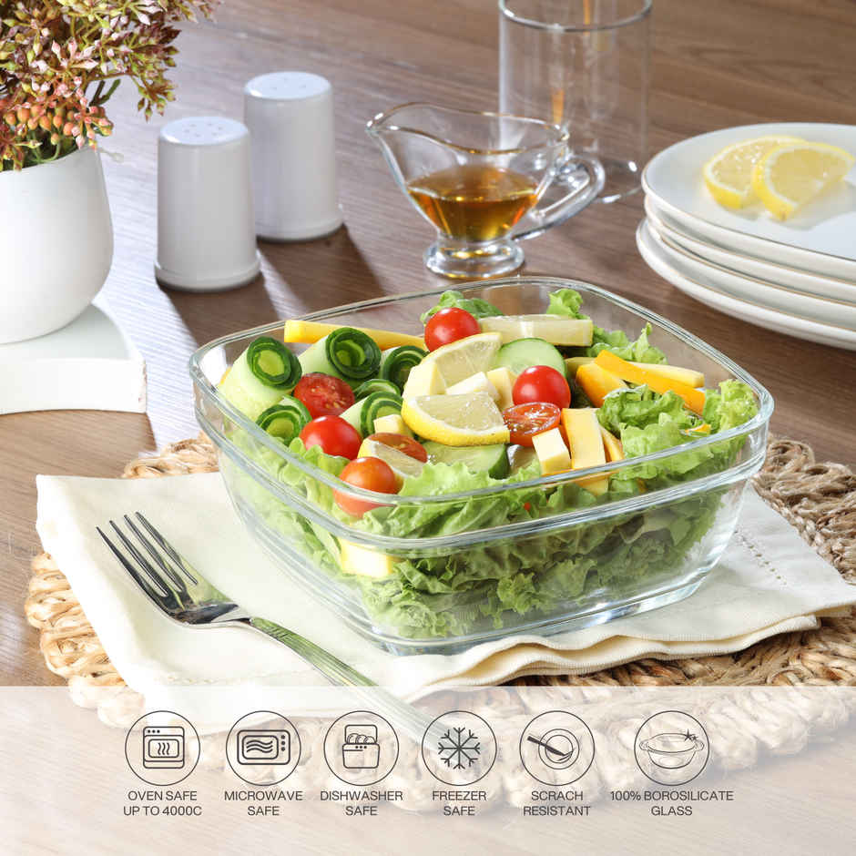 Cello Nadir Square Glass Bowl with Lid | Stackable Glass Container | 1.15 L Capacity