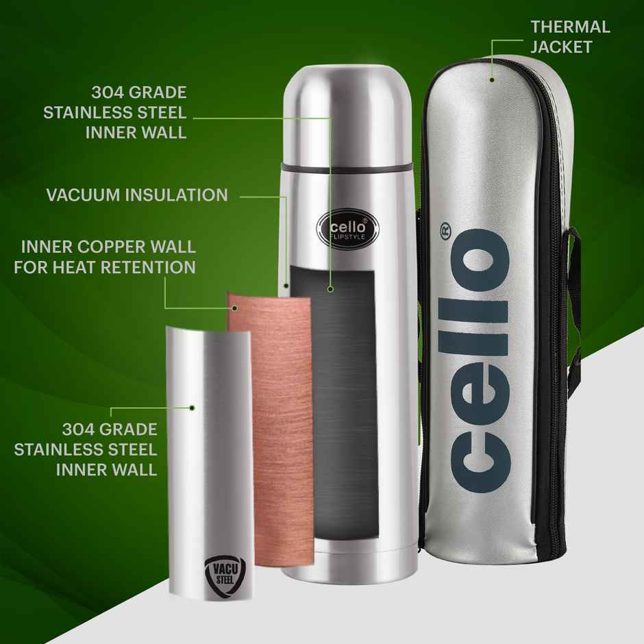 Cello Flip Style Stainless Steel Vacuum Insulated Flask with Jacket 1 L
