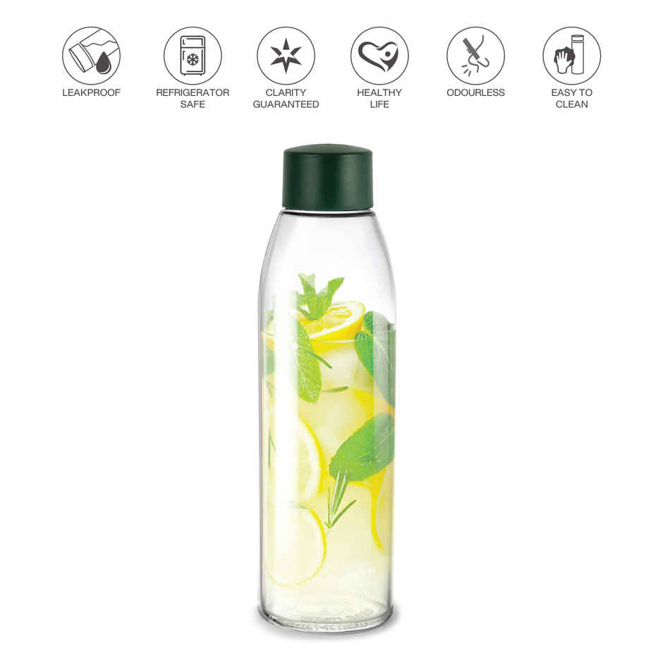 Cello Hydra 900 Glass Fridge Water Bottle with Plastic Cap | Wide mouth | Olive Green | 875 ml