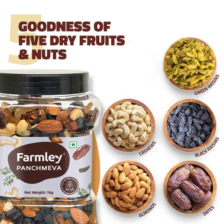 Farmley Mix Dry Fruits Panchmeva - Almonds, Cashews, Dates, Black Raisins, Green Raisins