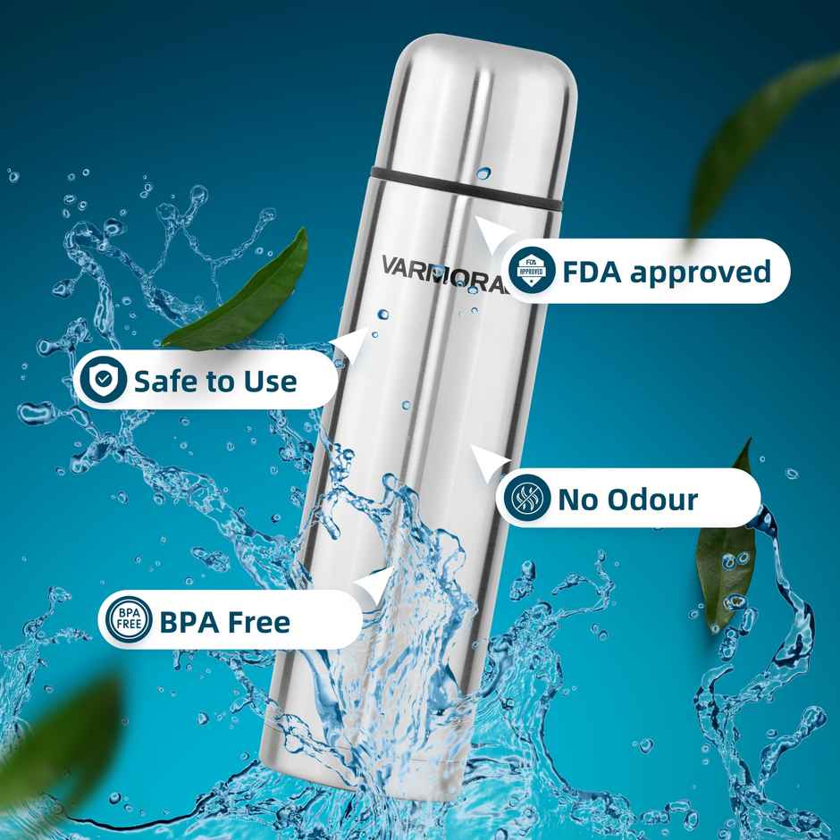 Varmora Avon Thermo Flask Water Bottle- Hot and Cold | Upto 24 Hrs | 750 ml Flask, Silver