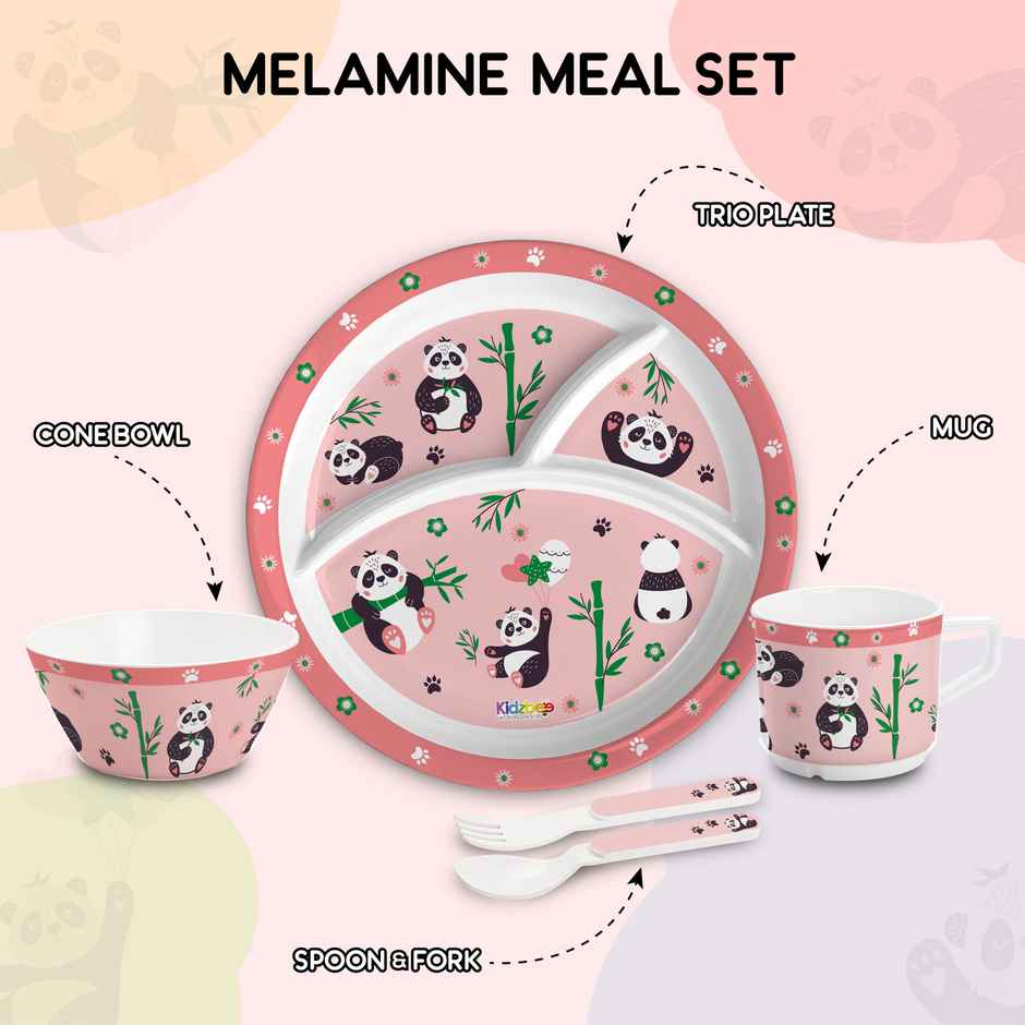 Cello Kidzbee Trioplate Bamboo Buddies Melamine Meal Set for Kids | Set of 5, Peach