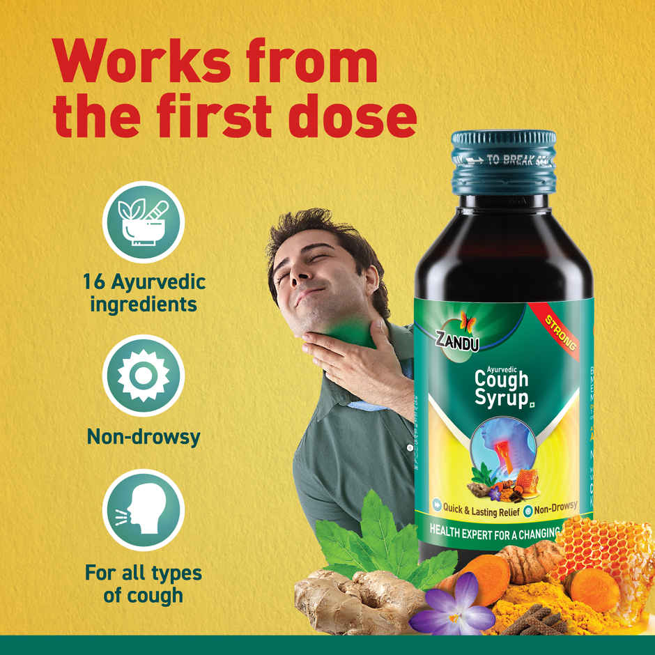 Zandu Ayurvedic Cough Syrup | Get Relief from Dry & Wet Cough | Non-Drowsy Formula