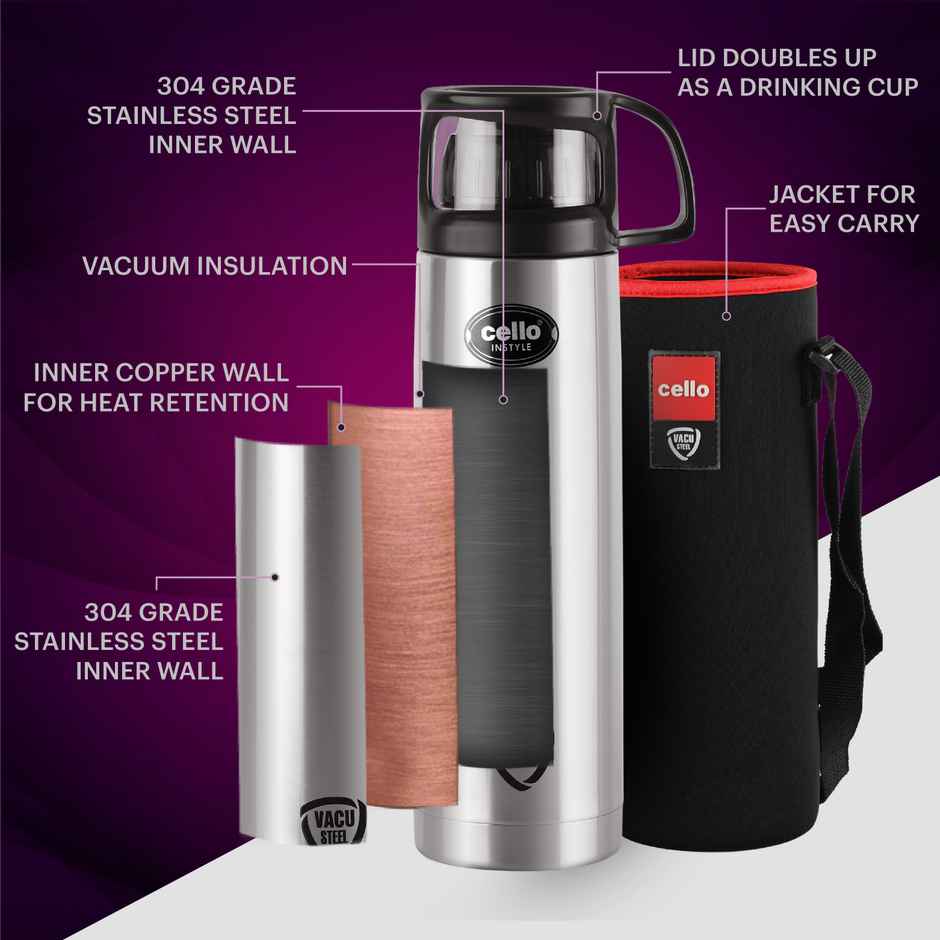 Cello Instyle Thermosteel Flask | 750 ml | Black | Assorted