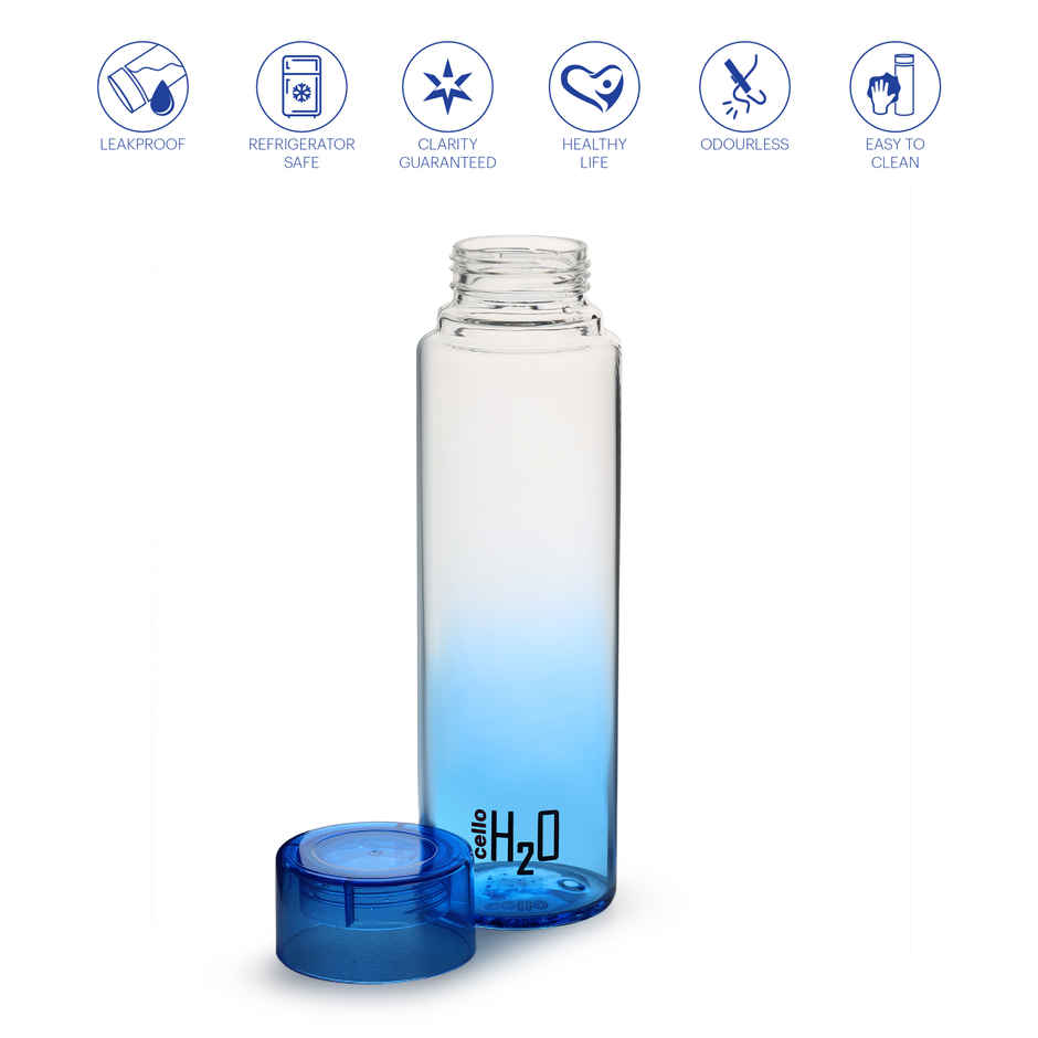 Cello H2O Dual Color Glass Bottle with Plastic Cap | Leak proof | Refrigerator Safe | Blue | 920 ml