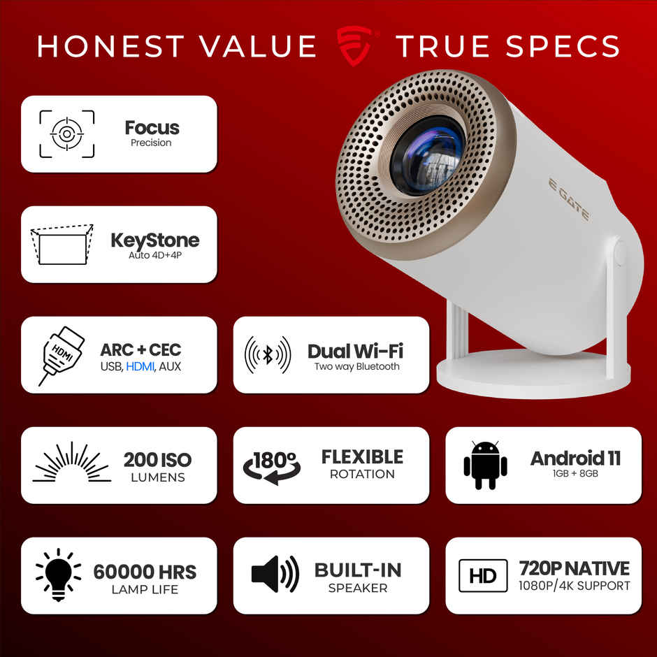 Egate Atom 2X Plus Smart Projector | 4K Ultra HD | Live TV, 1080P Support | WiFi Bluetooth Mirroring