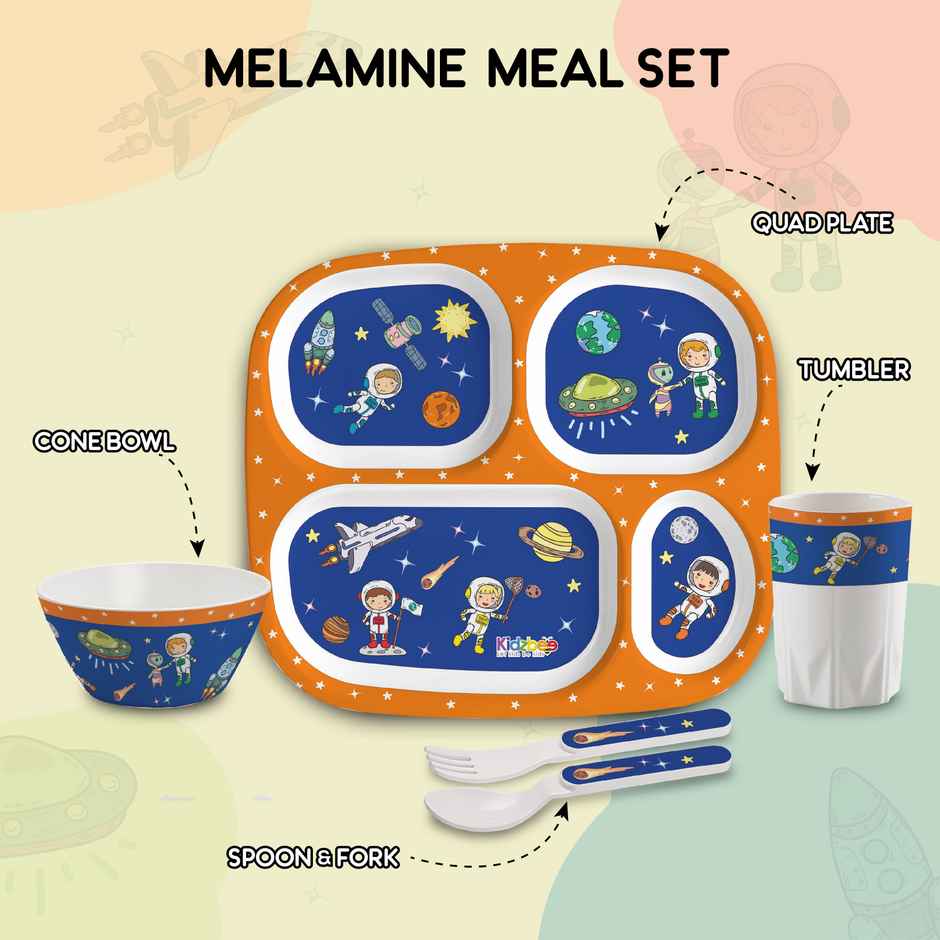 Cello Kidzbee Quadmeal Cosmic Explorer Melamine Meal Set for Kids | Set of 5, Navy Blue