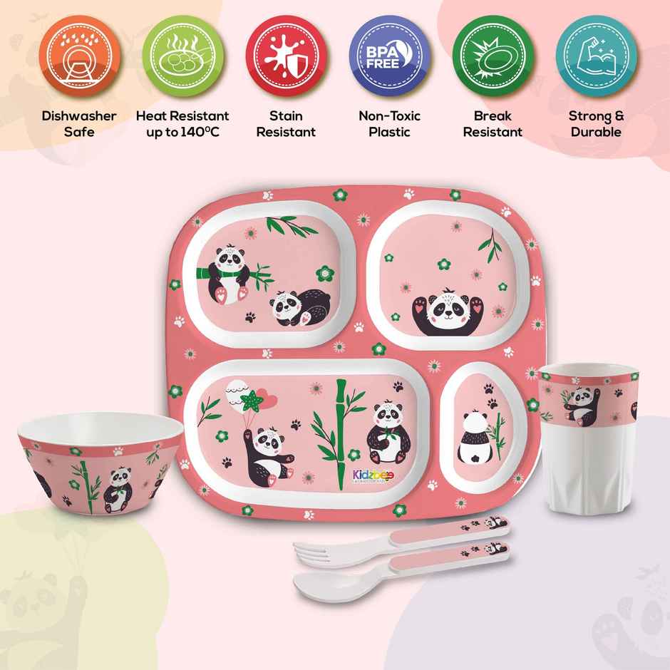 Cello Kidzbee Quadmeal Bamboo Buddies Melamine Meal Set for Kids | Set of 5, Peach