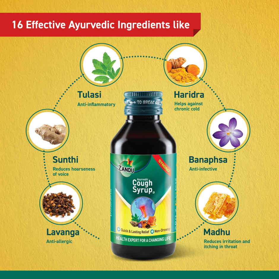 Zandu Ayurvedic Cough Syrup | Get Relief from Dry & Wet Cough | Non-Drowsy Formula