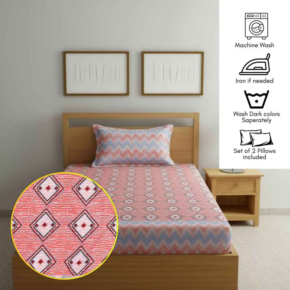 Status Value Single Striped Cotton Bedsheet | Blue and Pink