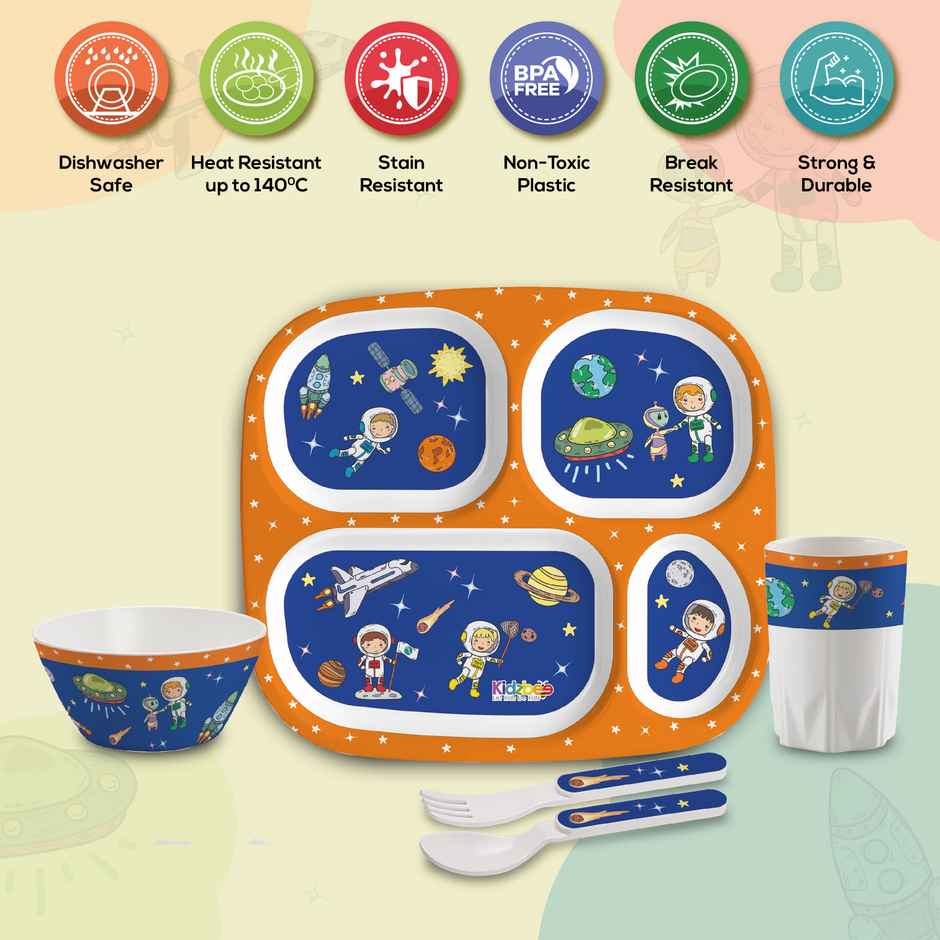 Cello Kidzbee Quadmeal Cosmic Explorer Melamine Meal Set for Kids | Set of 5, Navy Blue