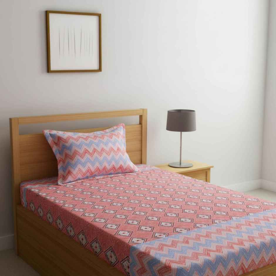 Status Value Single Striped Cotton Bedsheet | Blue and Pink