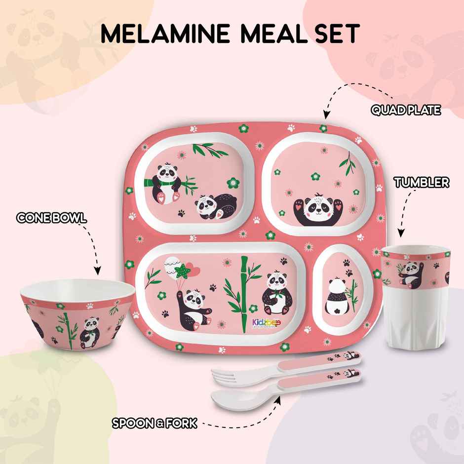Cello Kidzbee Quadmeal Bamboo Buddies Melamine Meal Set for Kids | Set of 5, Peach