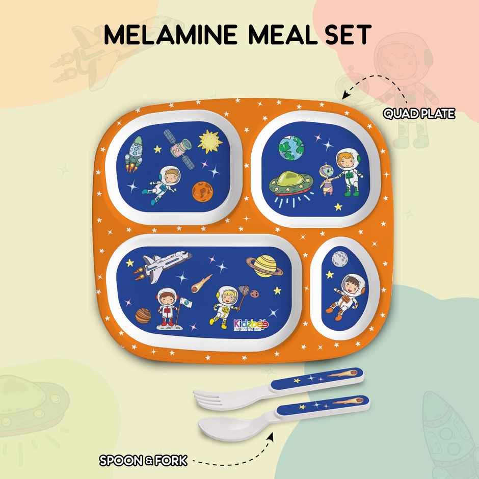 Cello Kidzbee Quadmeal Cosmic Explorer Melamine Meal Set for Kids | Set of 3, Navy Blue