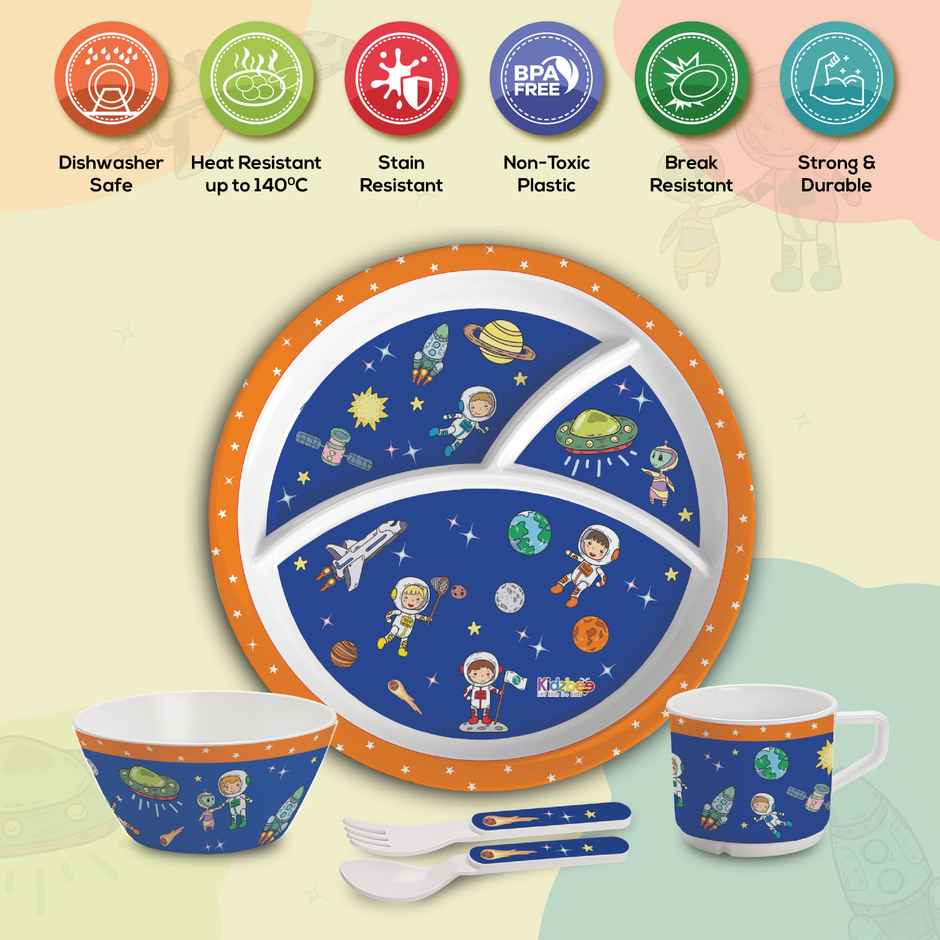 Cello Kidzbee Trioplate Cosmic Explorer Melamine Meal Set for Kids Set of 5, Navy Blue