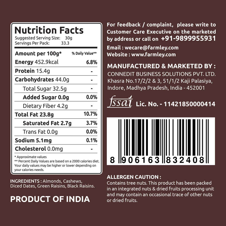 Farmley Mix Dry Fruits Panchmeva - Almonds, Cashews, Dates, Black Raisins, Green Raisins
