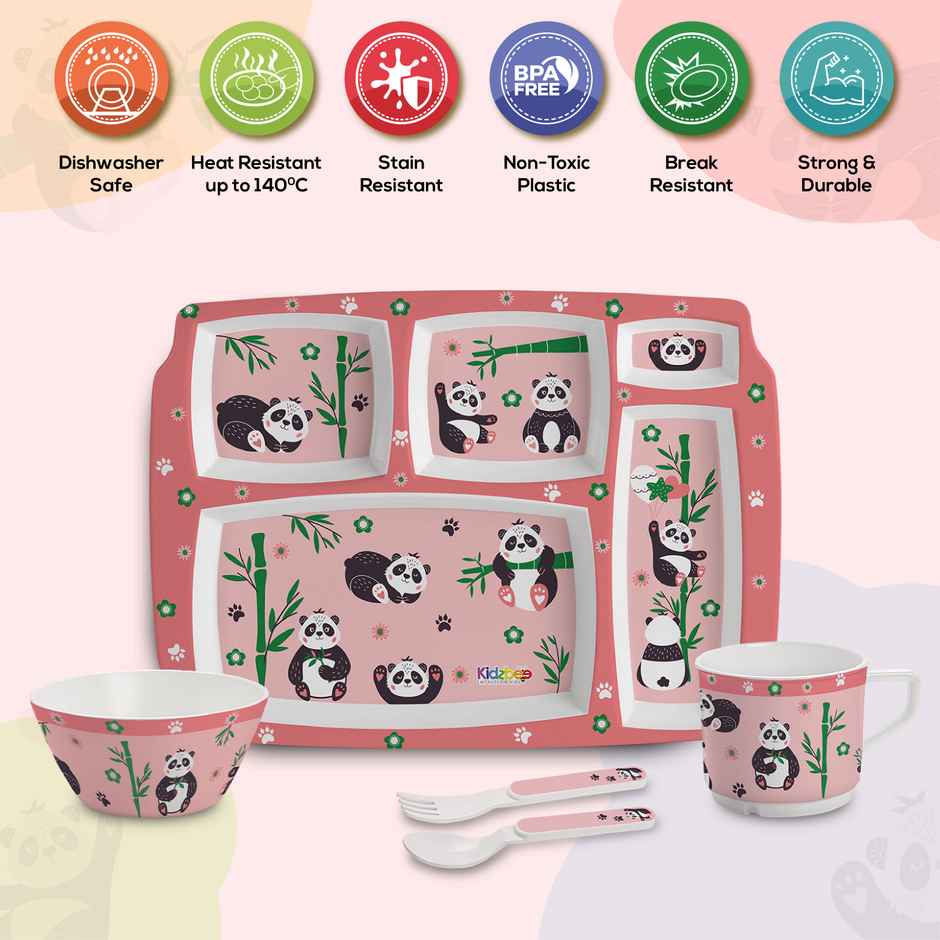 Cello Kidzbee Pentameal Bamboo Buddies Melamine Meal Set for Kids |Set of 5, Peach
