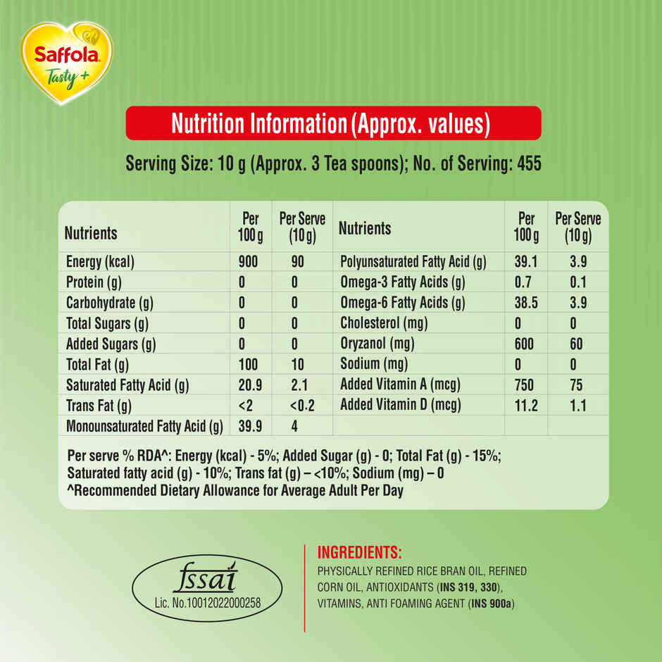 Saffola Tasty + Refined Rice bran & Corn Oil | 50% More Oryzanol | Multi-Source Edible Oil