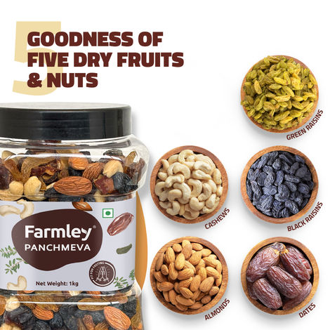 Farmley Mix Dry Fruits Panchmeva - Almonds, Cashews, Dates, Black Raisins, Green Raisins