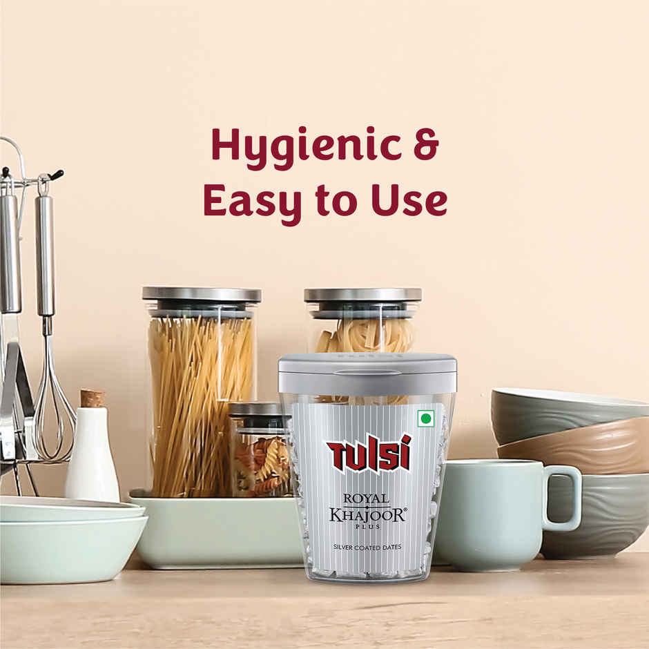 Tulsi Royal Khajoor Plus Flip Top Can Silver Coated Khajoor Dates, Mint Mouthfreshner