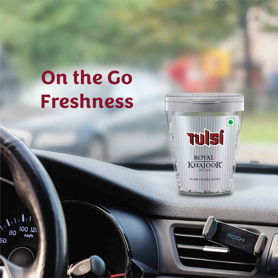 Tulsi Royal Khajoor Plus Flip Top Can Silver Coated Khajoor Dates, Mint Mouthfreshner
