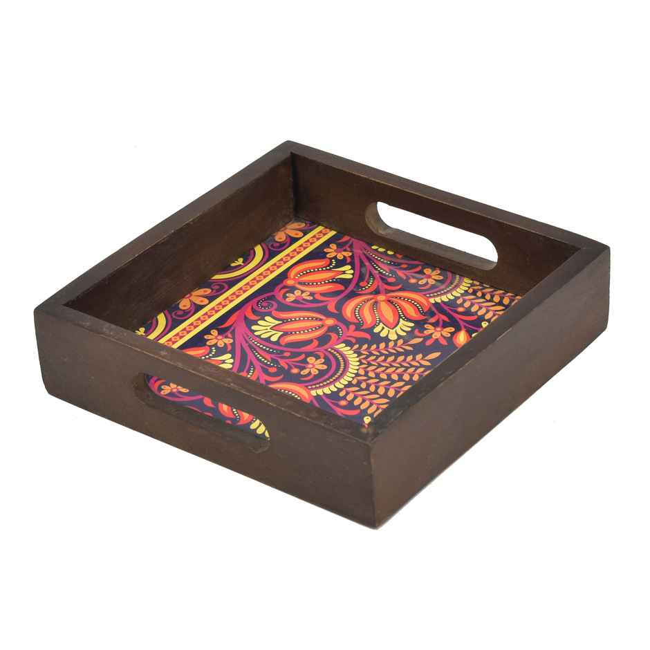 Oggn Vintage Printed Wooden Brown Square Tray 8x8