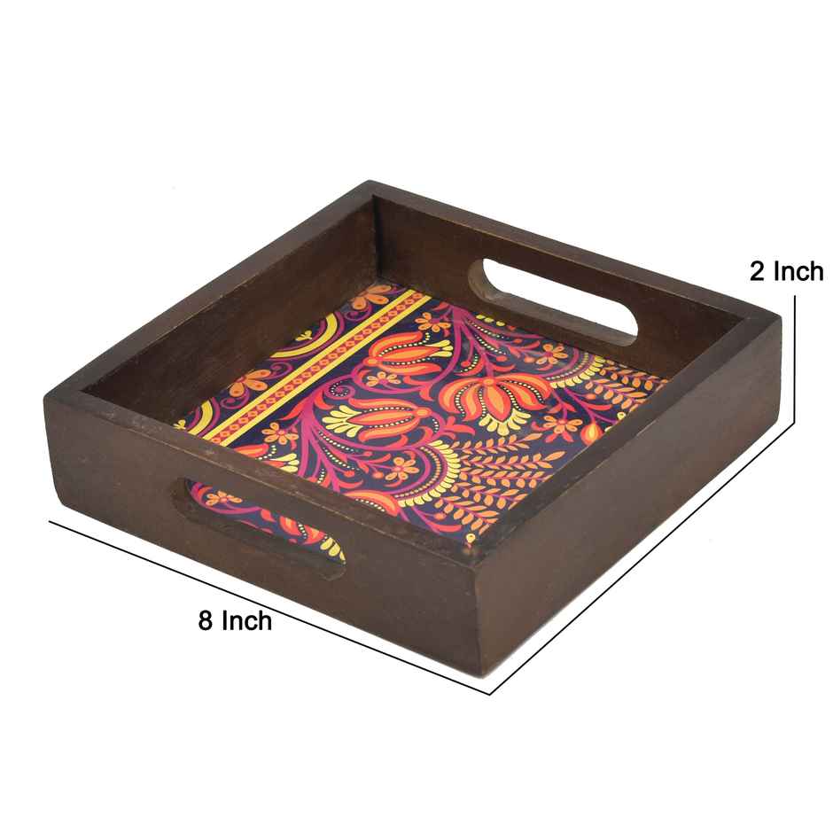 Oggn Vintage Printed Wooden Brown Square Tray 8x8