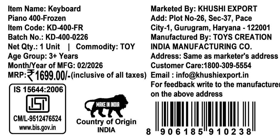 Kriiddaank Frozen Keyboard Piano 37 Keys Instrument Sounds, Microphone, Demo Light MusicToy