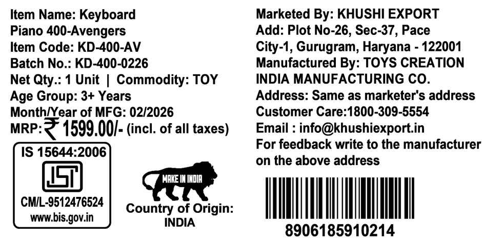 Kriiddaank Marvel Avengers Keyboard Piano 37 Keys Instrument Sounds, Microphone, Demo Light MusicToy