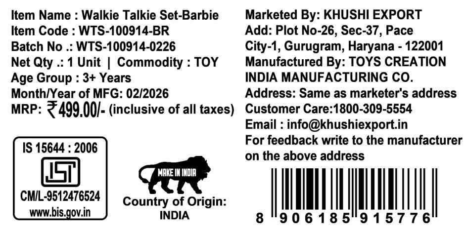 Kriiddaank Barbie Walkie Talkie for Kids 100 ft Range 2 Pack Battery Operated Communication Toy