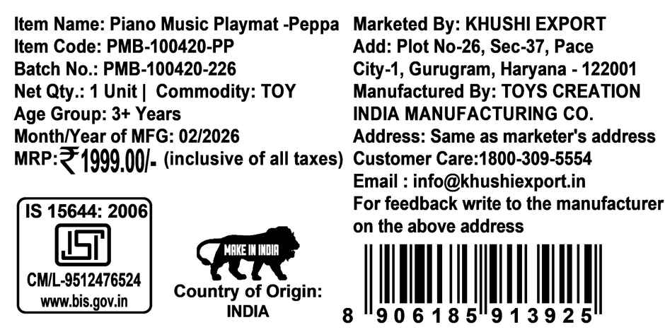 Kriiddaank Peppa Music Piano Playmat with 8 Music Modes & Animal Sounds Baby Playing Mat -108 x 38CM