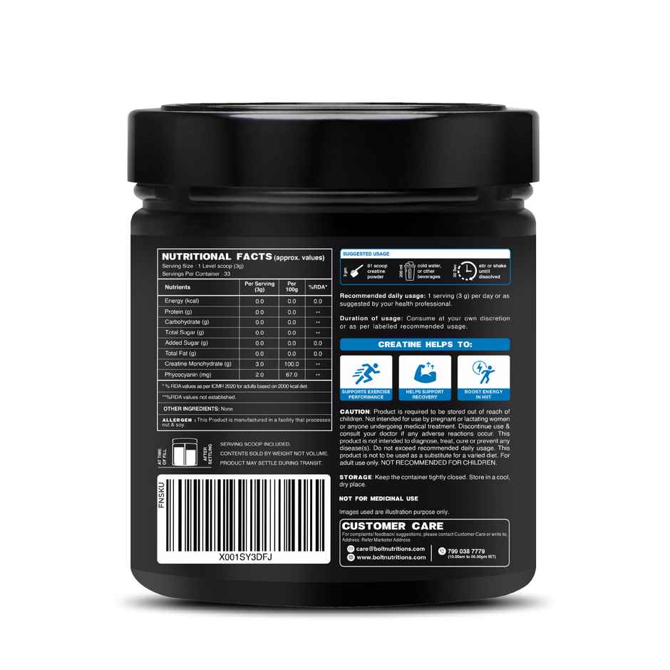 Bolt Micronised Creatine Monohydrate 3000 Powder|With Phycocyanine|Unflavored
