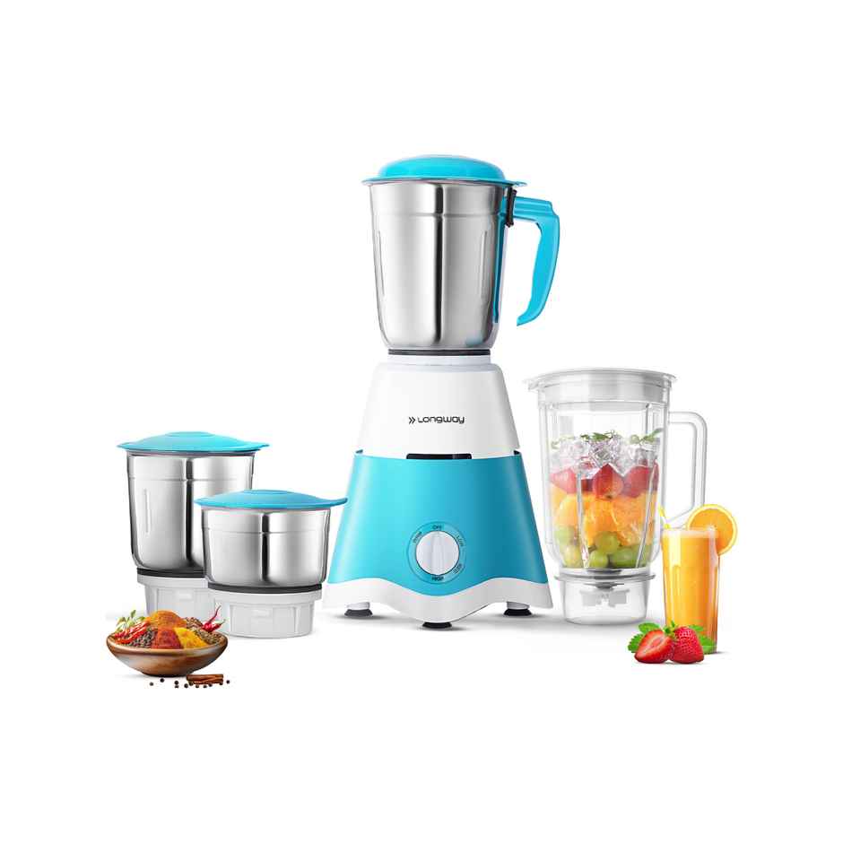 Longway Super Dlx 750 Watt Juicer Mixer Grinder with 4 Jars for Grinding, Mixing, Juicing with Powerful Motor (Blue & White)