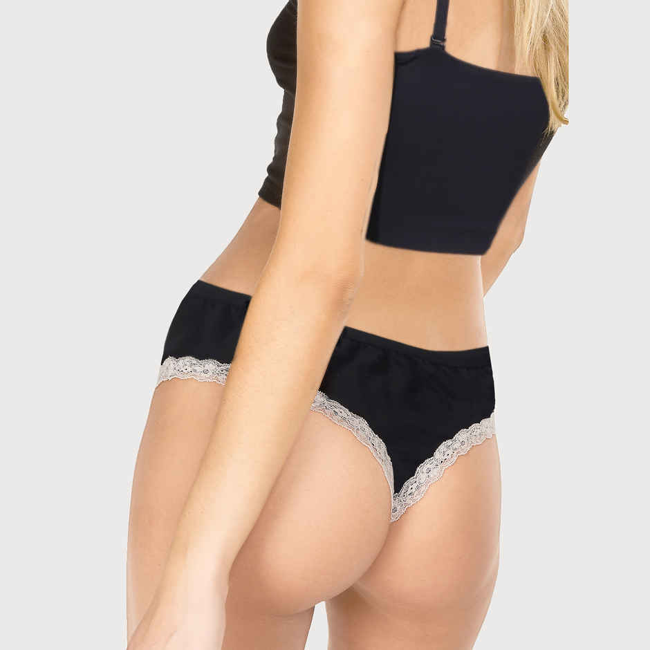 D'chica Women Cotton Lycra Lingerie Set Bra and Thong Panty with Adjustable Straps - Black | S