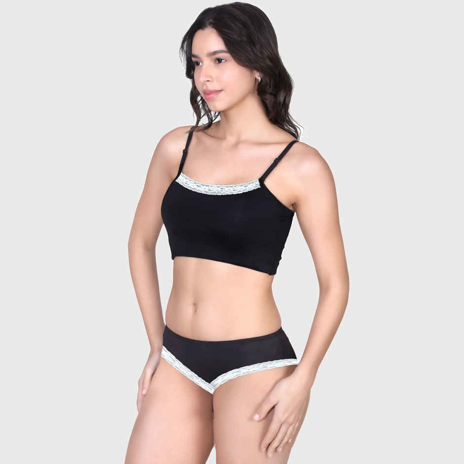 D'chica Women Cotton Lycra Lingerie Set Bra and Thong Panty with Adjustable Straps - Black | S