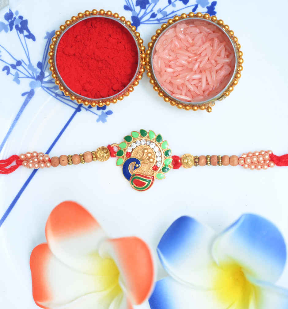 Aurum Peacock Rakhi With Meenakari And Beads
