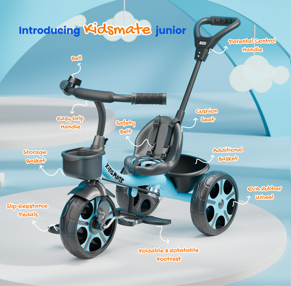 Kidsmate Junior Tricycle with Parental Control for 1 to 4 Years | Capacity 30 kgs | Blue