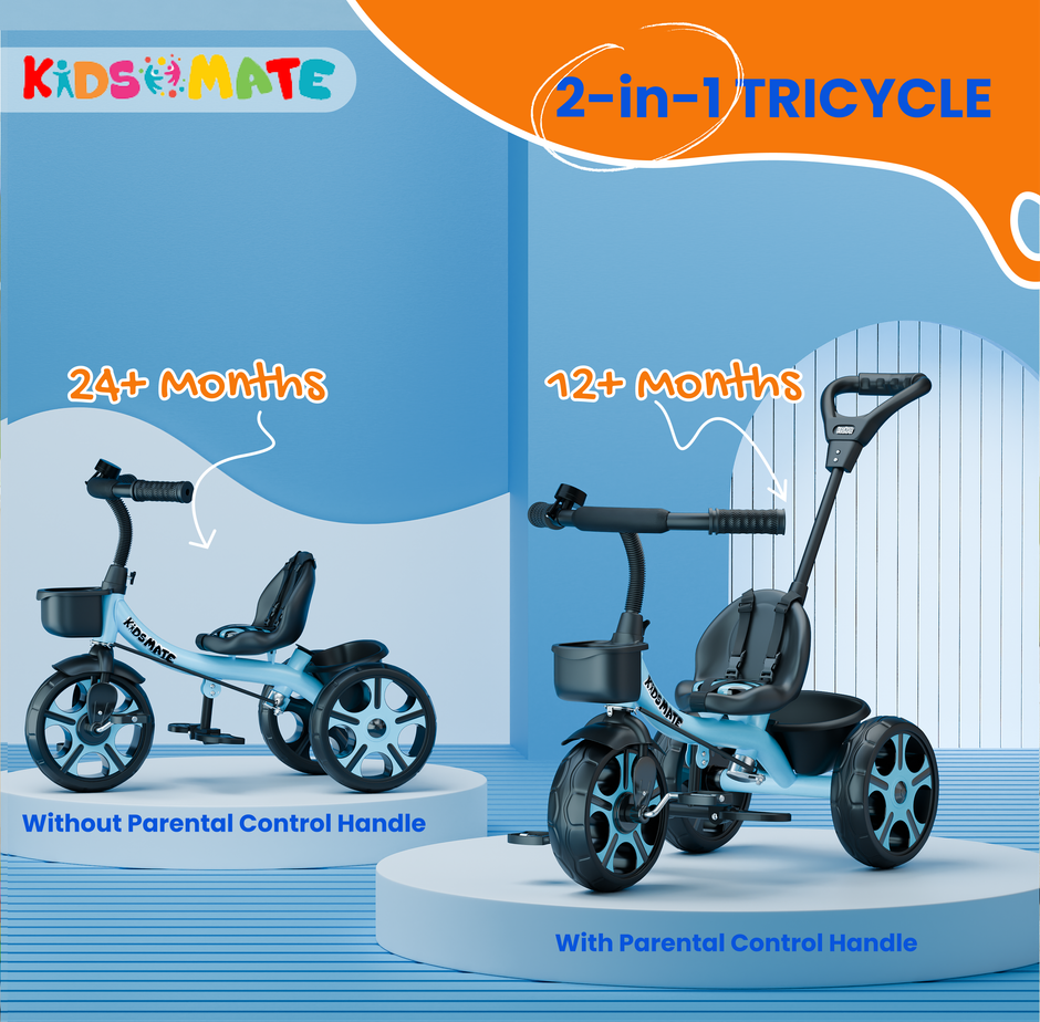 Kidsmate Junior Tricycle with Parental Control for 1 to 4 Years | Capacity 30 kgs | Blue