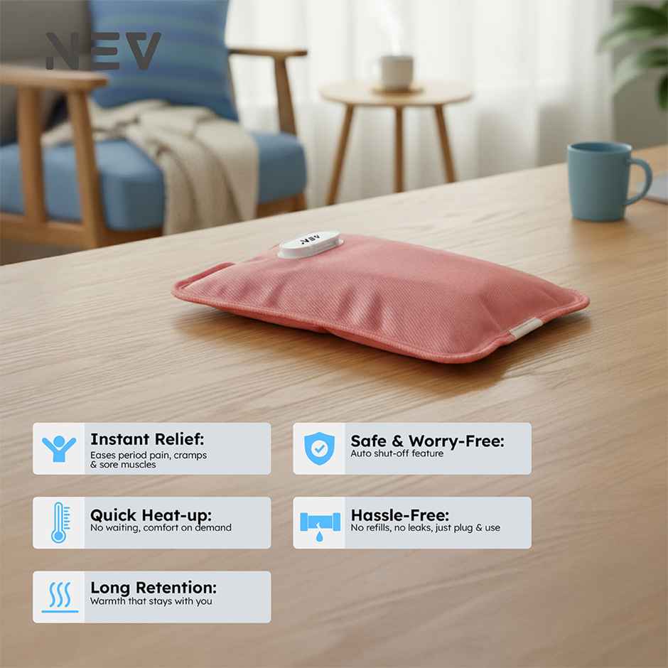 NEV Electric Hot Water Bag HB-01, 420W Fast Heating, Soft-Touch Surface, Compact, Leak-Proof | Pink