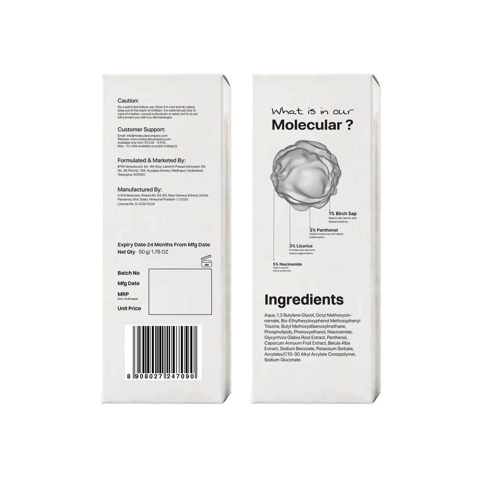 Molecular Company Sunscreen SPF 50+ PA++++ For Tan Free and Glowing Skin
