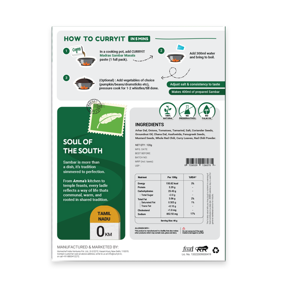 CURRYiT Madras Sambar Masala Premium Cooking Paste