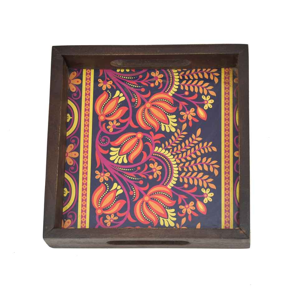 Oggn Vintage Printed Wooden Brown Square Tray 8x8