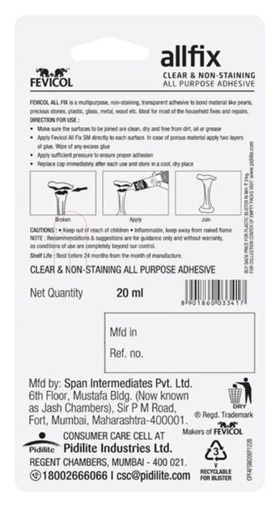 Fevicol Allfix Clear and Non-Staining All Purpose Adhesive (20 ml) Combo
