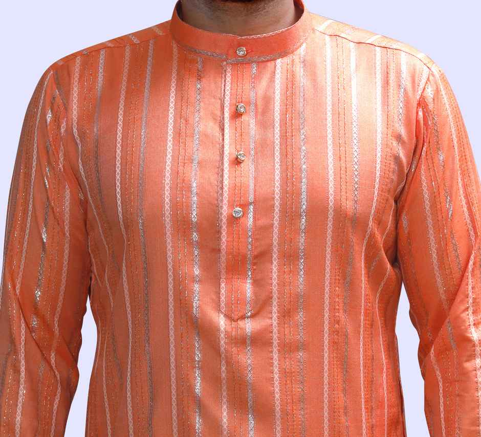 Tibra Collection Men Kurta - Orange | Solid | Thin Striped | Cotton Blend | M
