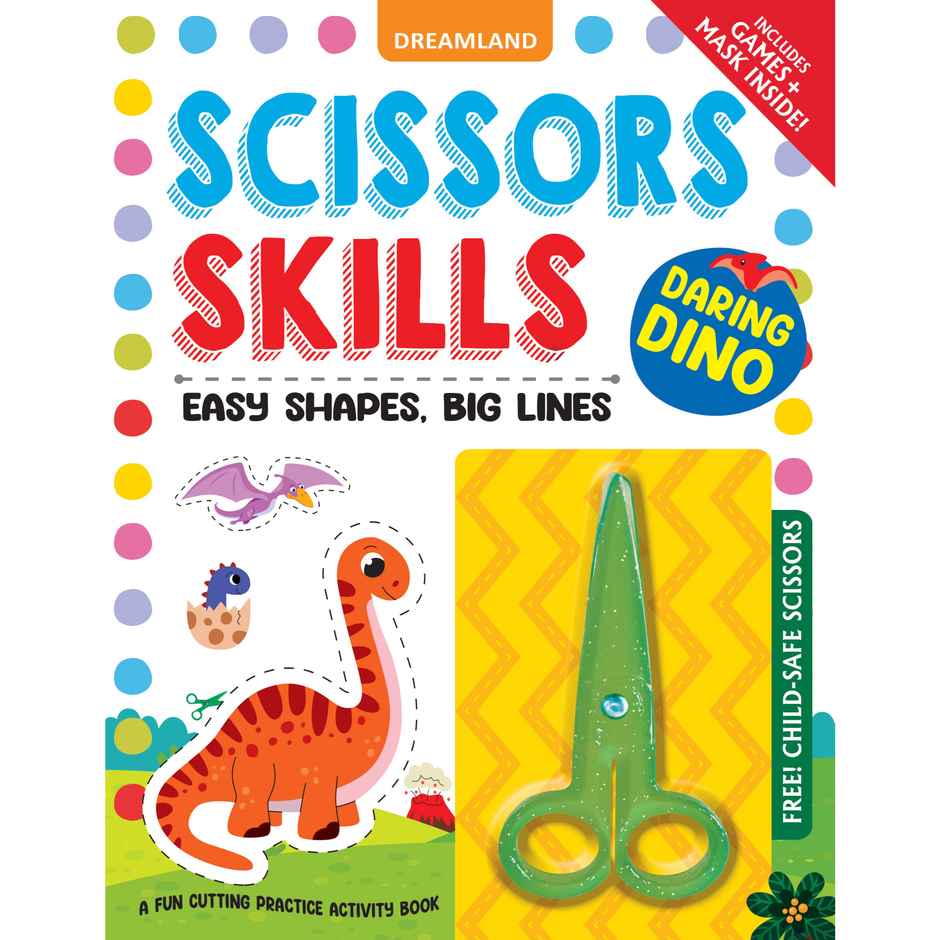Daring Dino Scissors Skills Activity Book for Age 4 - 7Y | With Child- Safe Scissors, Games & Mask