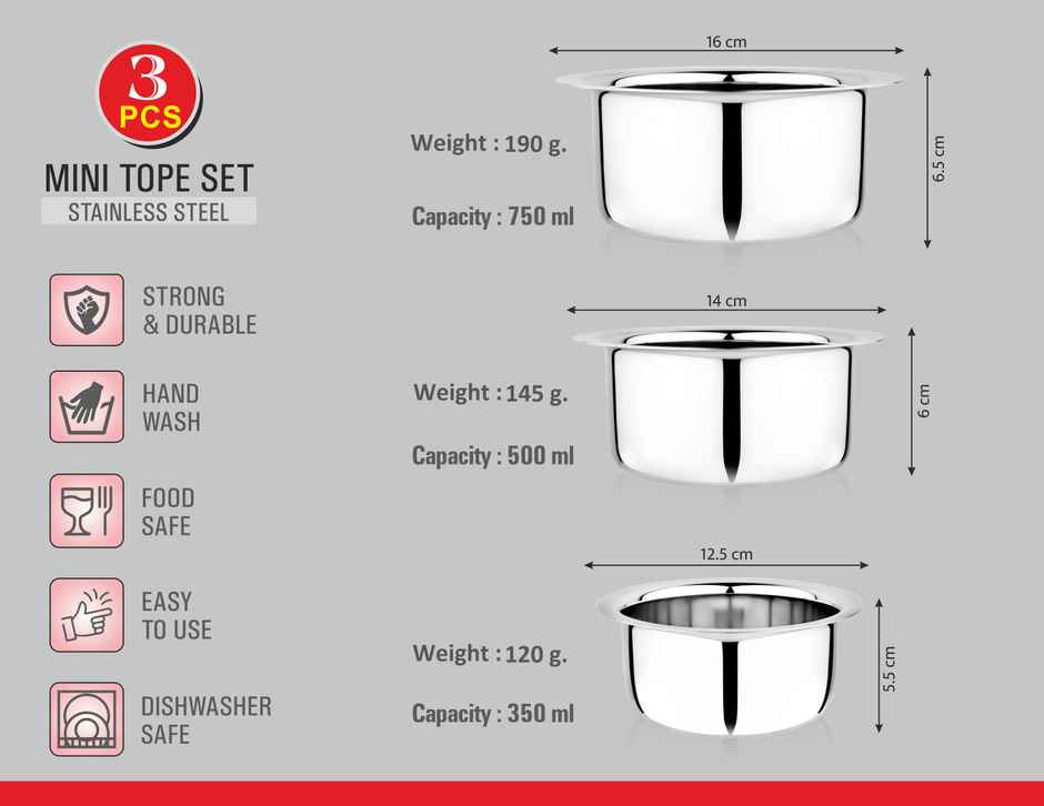 Vinayak Stainless Steel Tope/ Patila (3 Piece Set)