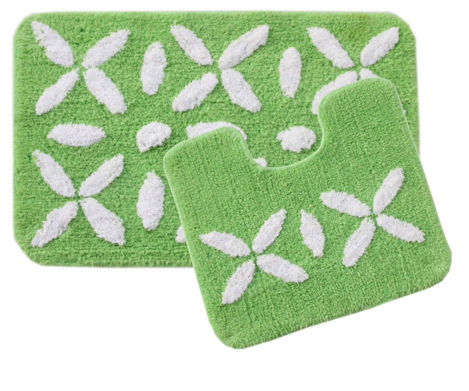 Saral Home Cotton Anti-Slip Bathmat & Contour Set | Green - 40 x 60 & 40 x 45 cm